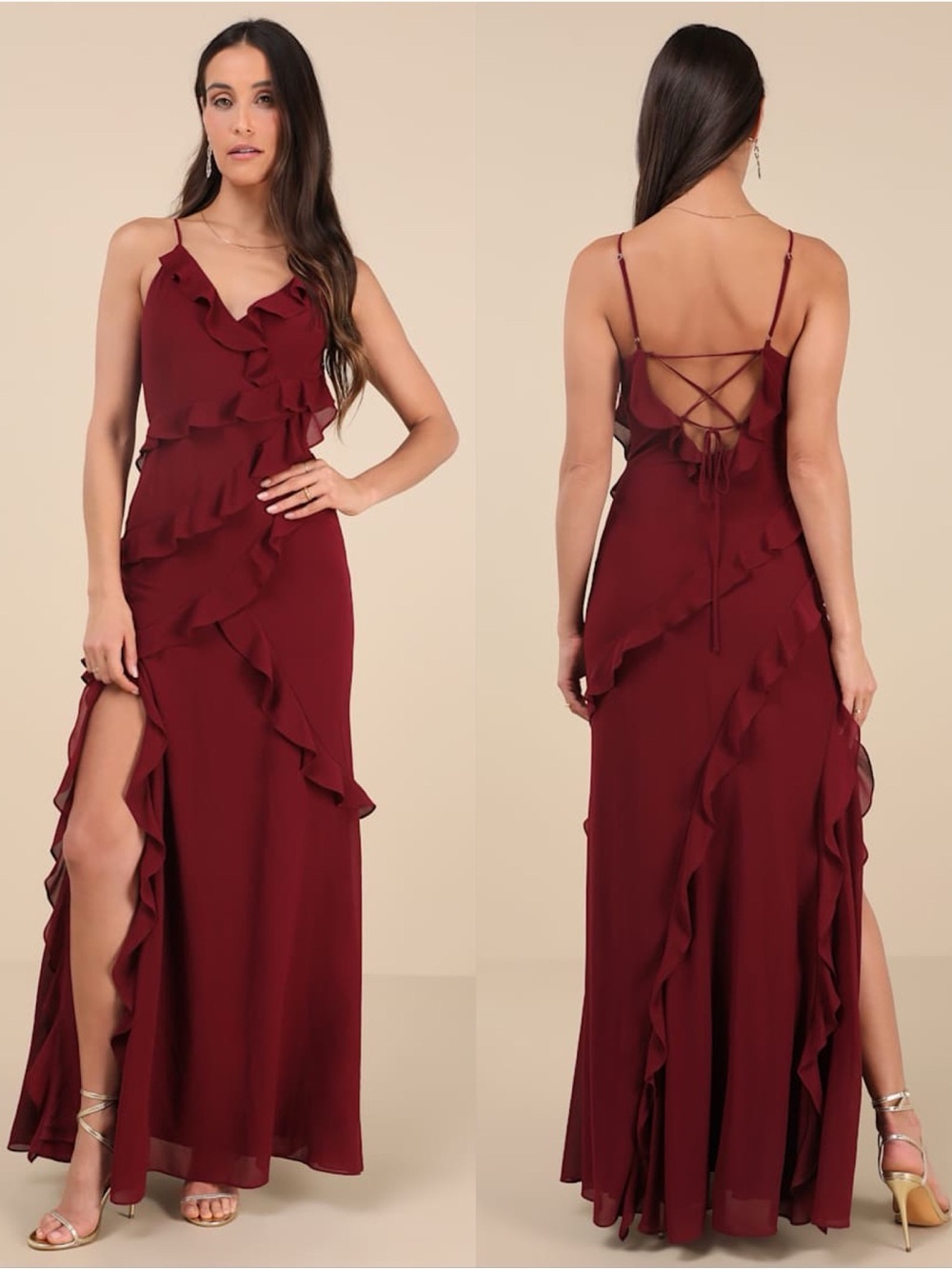 LULU’S Fancy Sweetness Wine Red Ruffled Lace-Up Sleeveless Maxi Dress